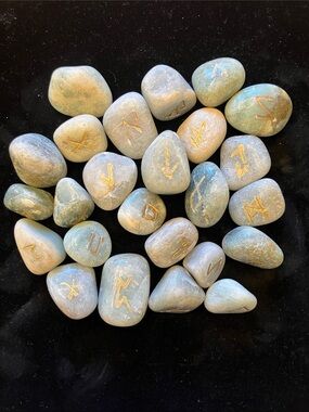 Amazonite Gemstone 25 Rune Stones Set w/ Elder Futhark Alphabet Symbol 1/2 -3/4”